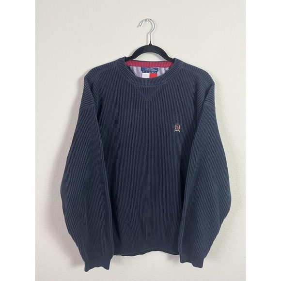 Tommy Hilfiger Sweater Mens Large‎ Navy Blue Crest Crewneck Pullover 100% Cotton - Picture 1 of 12